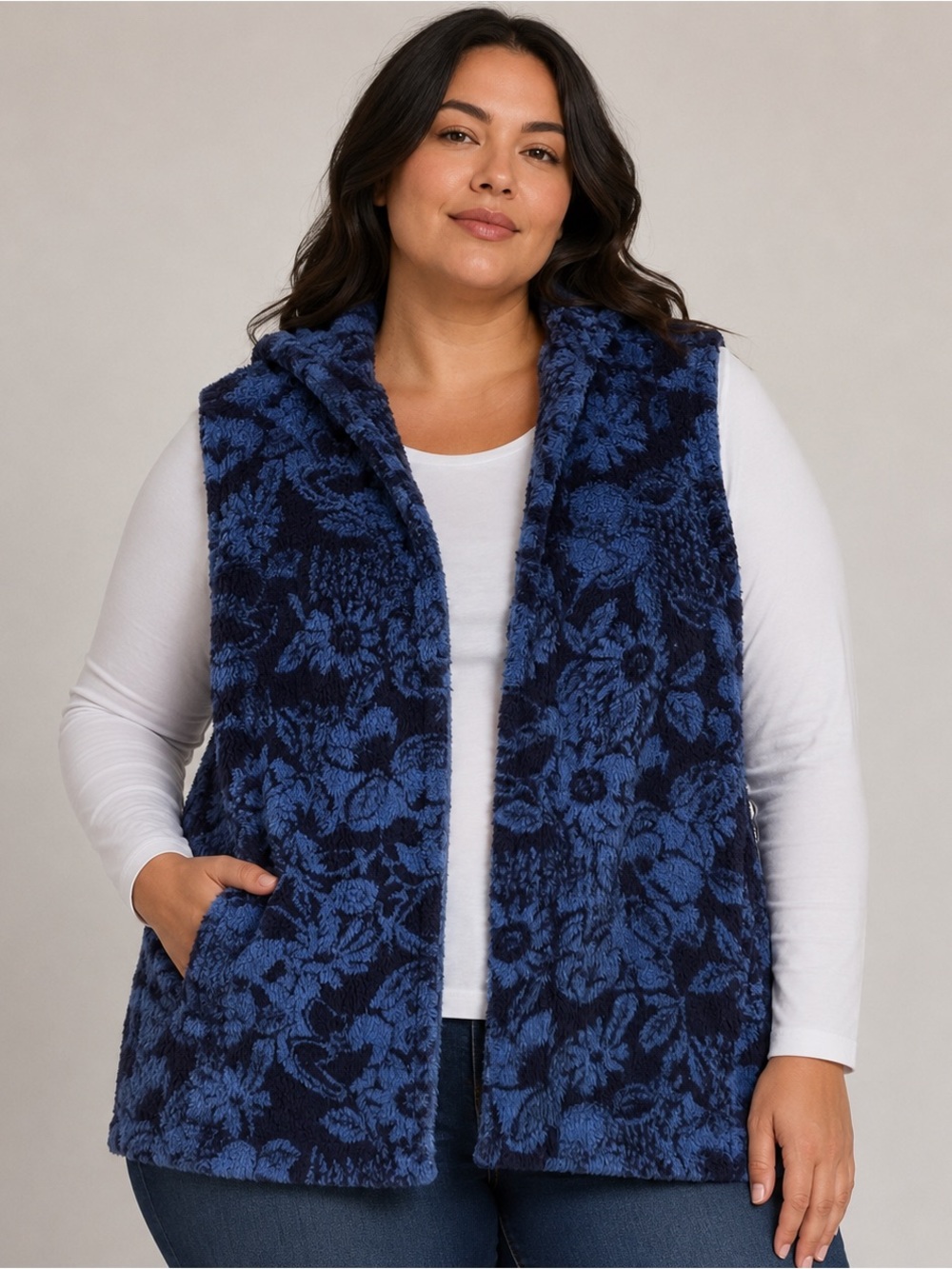 Koolaburra by UGG Plush Hooded Vest | Size 3X | Blue Floral Sherpa